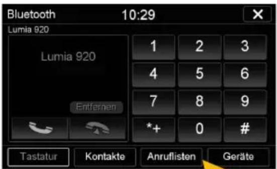 Bluetooth 10:29 Lumia 920 Lumia 920 Entfernen 1 2 3 4 5 6 7 8 9 *+ 0 # Tastatur Kontakte Anruflisten Geräte
