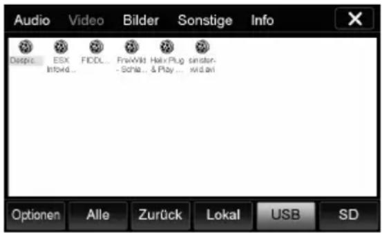 Audio Video Bilder Sonstige Info Diaspc ESX FICDL... FreeWild Helix Plug sinster- Infovid... - Schia... & Play... wid.ari Optionen Alle Zurück Lokal USB SD