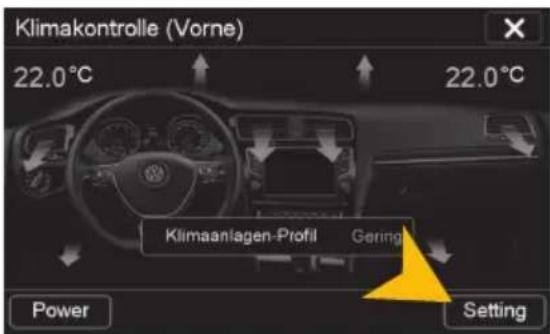 Klimakontrolle (Vorne) 22.0°C 22.0°C Klimaanlagen-Profil Gering Power Setting