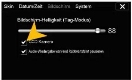 Skin Datum/Zeit Bildschirm System Bildschirm-Helligkeit (Tag-Modus) 88 ✓ CCD Kamera ✓ Audio/Niedergabe während Rückwärtsfahrt pausieren