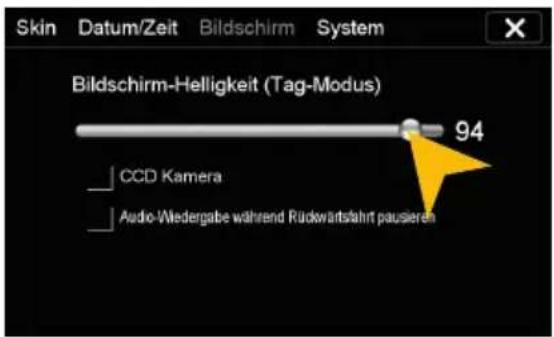 Skin Datum/Zeit Bildschirm System Bildschirm-Helligkeit (Tag-Modus) 94 CCD Kamera Audio-Wiedergabe während Rückwärtsfahrt pausieren