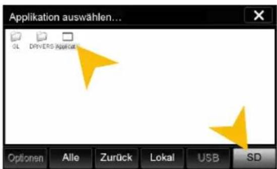Application auswählen... GL DRIVERS Application Optionen Alle Zurück Lokal USB SD