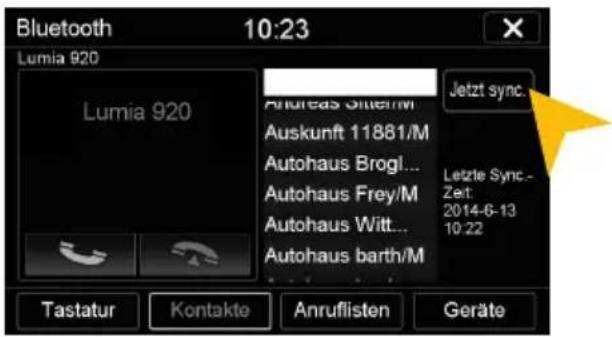Bluetooth 10:23 Lumia 920 Lumia 920 Andreas Stuehmi Auskunft 11881/M Autohaus Brogl... Autohaus Frey/M Autohaus Witt... Autohaus barth/M Jetzt sync. Letzie Sync - Zeit: 2014-6-13 10:22 Tastatur Kontakte Anruflisten Geräte