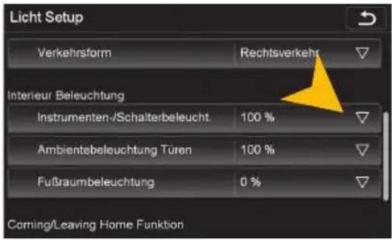 Licht Setup Verkehrsform Rechtsverkehr Interieur Beleuchtung Instrumenten-/Schalterbeleucht. 100 % Ambientebeleuchtung Türen 100 % Fußraumbeleuchtung 0 % Coming/Leaving Home Funktion