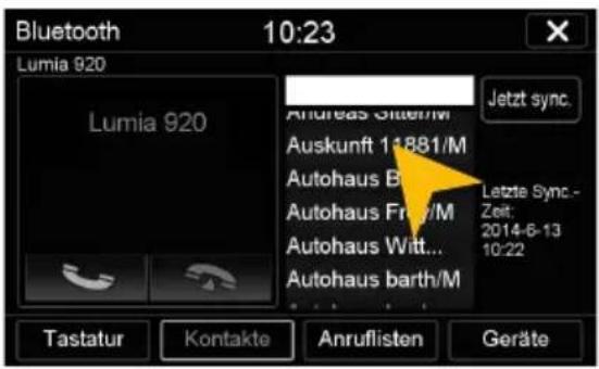 Bluetooth 10:23 Lumia 920 Lumia 920 Andreas Sitter/M Auskunft 11881/M Autohaus B Autohaus Fru/M Autohaus Witt... Autohaus barth/M Jetzt sync. Letzte Sync - Zeit: 2014-6-13 10:22 Tastatur Kontakte Anruflisten Geräte