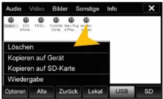 Audio Video Bilder Sonstige Info Despe: ESX FICOL... Frostvild Holt Plug in Far- Infoid... Schia... & Play... Löschen Kopieren auf Gerät Kopieren auf SD-Karte Wiedergabe Optionen Alle Zurück Lokal USB SD