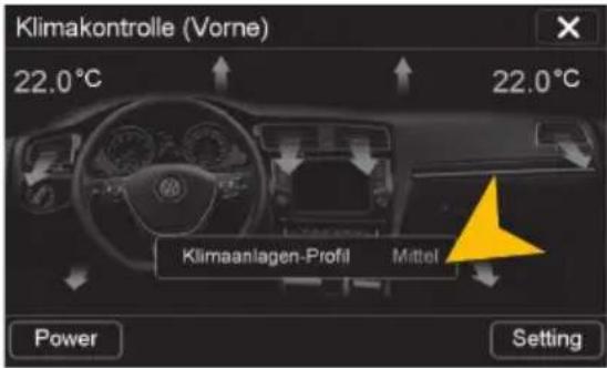 Klimakontrolle (Vorne) 22.0°C 22.0°C Klimaanlagen-Profil Mittel Power Setting
