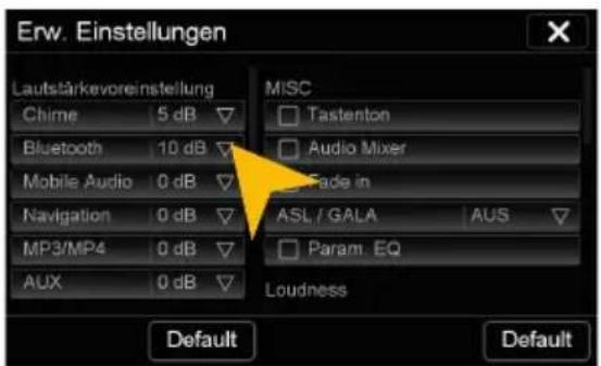 Erw. Einstellungen Lautstärkevoreinstellung Chime 5 dB Bluetooth 10 dB Mobile Audio 0 dB Navigation 0 dB MP3/MP4 0 dB AUX 0 dB MISC Tastenton Audio Mixer Made in ASL / GALA AUS Param. EQ Loudness Default Default