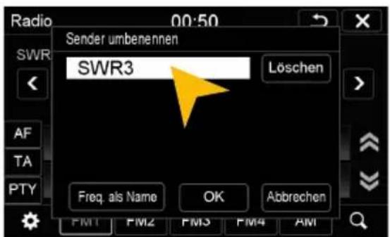 Radio 00:50 Sender umbenennen SWR3 Löschen Freq. als Name OK Abbrechen FM1 FM2 FM3 FM4 AM