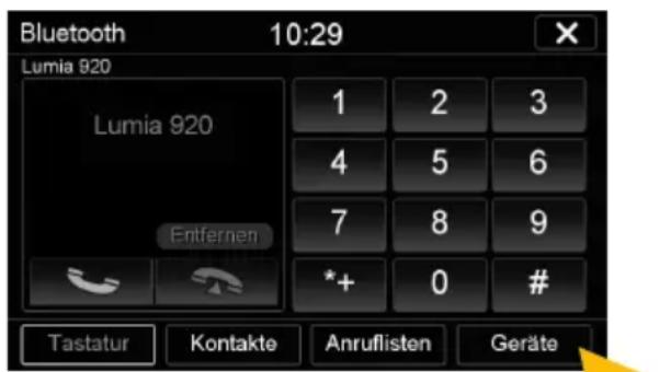 Bluetooth 10:29 Lumia 920 Lumia 920 Entfernen 1 2 3 4 5 6 7 8 9 *+ 0 # Tastatur Kontakte Anruflisten Geräte