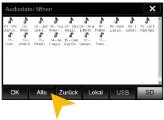 Audiodatei öffnen 01 - We Just Co. ... There ... Like a ... Know I ... Rag D... Little M... Prairie ... Lies Lo ... Used t... Rain mp3 31 - Lonei ... 12 - Wide R... When t... Long a... Rag Do... Cardon... There ... OK Alle Zurück Lokal USB SD