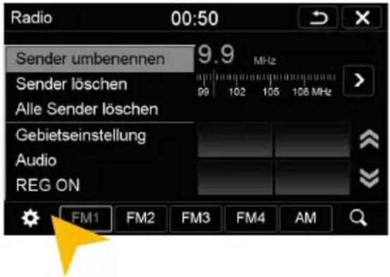 Radio 00:50 Sender umbenennen 9.9 MHz Sender löschen 99 102 105 108 MHz Alle Sender löschen Gebietseinstellung Audio REG ON FM1 FM2 FM3 FM4 AM