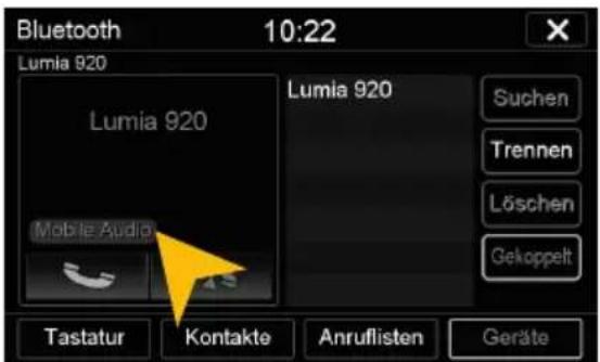 Bluetooth 10:22 Lumia 920 Lumia 920 Mobile Audio Suchen Trennen Löschen Gekoppelt Tastatur Kontakte Anruflisten Geräte