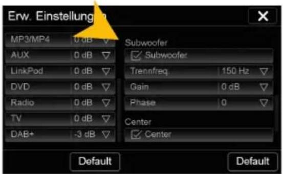 Erw. Einstellung MP3/MP4 0 dB AUX 0 dB LinkPod 0 dB DVD 0 dB Radio 0 dB TV 0 dB DAB+ -3 dB Subwoofer Subwoofer Trennfreq 150 Hz Gain 0 dB Phase 0 Center Center Default Default