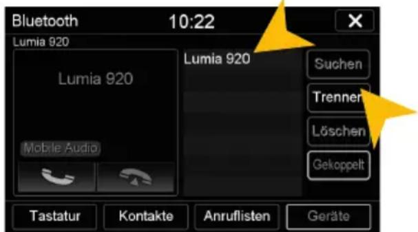 Bluetooth 10:22 Lumia 920 Lumia 920 Mobile Audio Lumia 920 Suchen Trennen Löschen Gekoppelt Tastatur Kontakte Anruflisten Geräte
