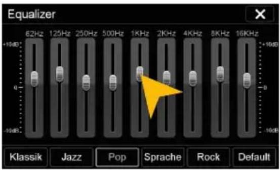 Equalizer 62Hz 125Hz 250Hz 500Hz 1KHz 2KHz 4KHz 8KHz 16KHz +10dB -10dB Klassik Jazz Pop Sprache Rock Default