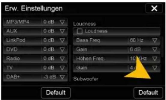 Erw. Einstellungen MP3/MP4 0 dB AUX 0 dB LinkPod 0 dB DVD 0 dB Radio 0 dB TV 0 dB DAB+ -3 dB Loudness Loudness Bass Freq. 60 Hz Gain 6 dB Hohen Freq. 10 kHz Gain 4 dB Subwoofer Default Default