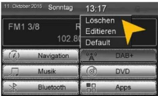 11. Oktober 2015 Sonntag 13:17 FM1 3/8 R 102.80 Löschen Editieren Default Navigation Musik Bluetooth DAB+ DVD Apps