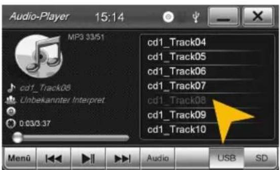 Audio-Player 15:14 MP3 33/51 cd1_Track04 cd1_Track05 cd1_Track06 cd1_Track07 cd1_Track08 cd1_Track09 cd1_Track10 Unbekannter Interpret 0.03/3.37 Menu Audio USB SD