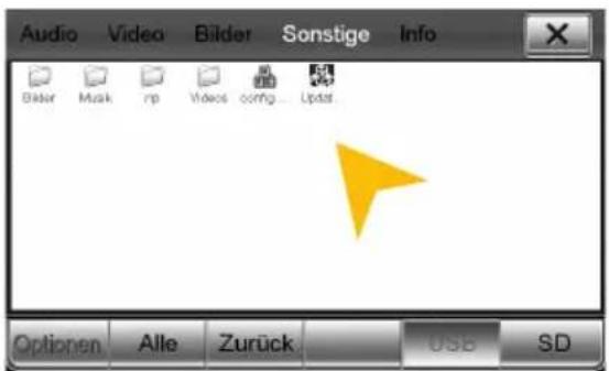 Audio Video Bilder Sonstige Info Bidor Music rp Videos config Update Optionen Alle Zurück USB SD