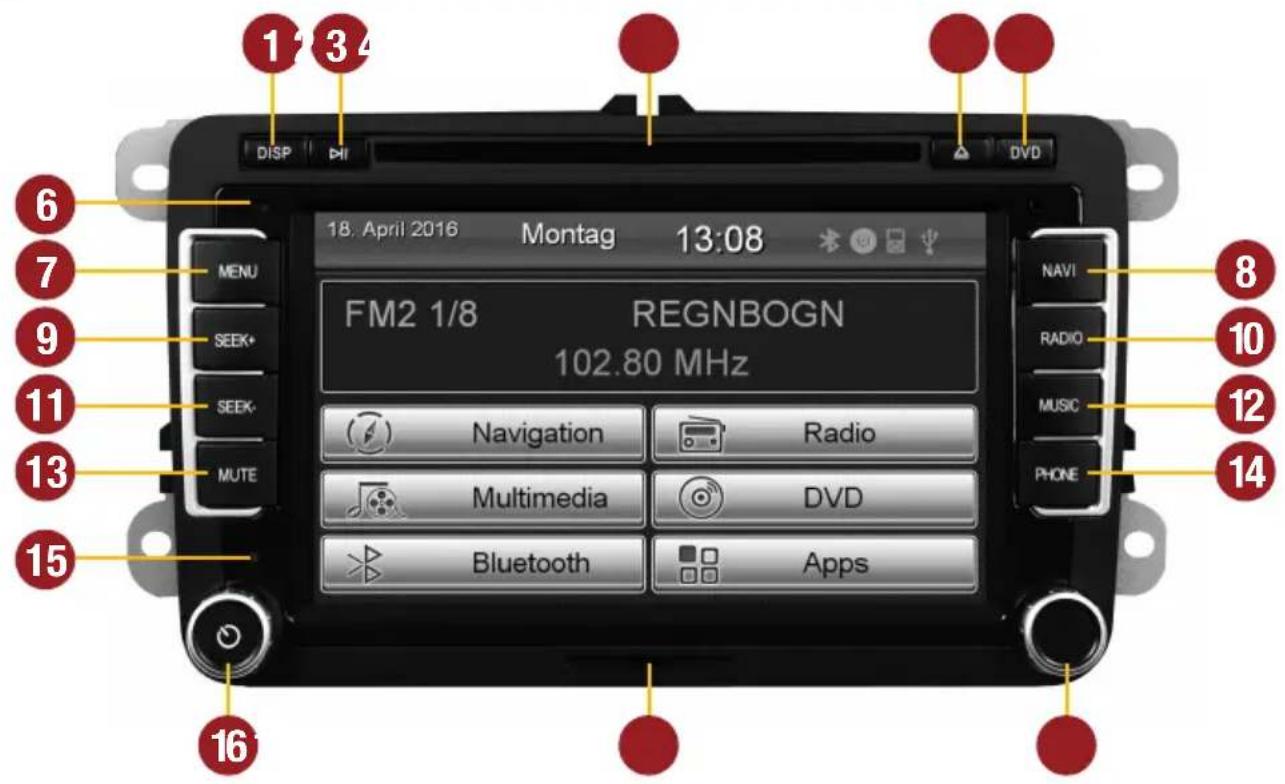 1 2 3 4 DISP HI 18: April 2016 Montag 13:08 MENU SEEK+ SEEK- MUTE FM2 1/8 REGNBOGN 102.80 MHz Navigation Radio Multimedia DVD Bluetooth Apps 6 7 9 11 13 15 16 8 10 12 14 NAVI RADIO MUSIC PHONE