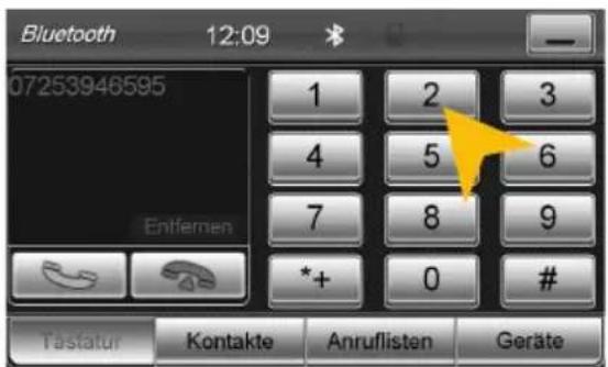 Bluetooth 12:09 07253946595 1 2 3 4 5 6 7 8 9 *+ 0 # Tastatur Kontakte Anruflisten Geräte