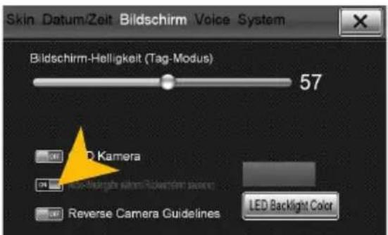 Skin Datum/Zelt Bildschirm Voice System Bildschirm-Helligkeit (Tag-Modus) 57 ON ON ON LED Kamera Reverse Camera Guidelines LED Backlight Color
