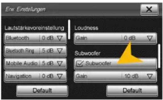 Erw. Einstellungen Lautstärkevoreinstellung Bluetooth 0 dB Bluetooth Ring 5 dB Mobile Audio 5 dB Navigation 0 dB Loudness Gain 0 dB Subwoofer ✓ Subwoofer Gain 10 dB Default Default