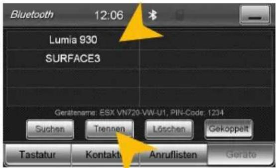 Bluetooth 12:06 Lumia 930 SURFACE3 Geratename: ESX VN720-VW-U1, PIN-Code: 1234 Suchen Trennen Löschen Gekoppelt Tastatur Kontakt Anruflisten Gerate
