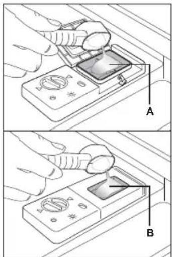 Diagram showing two steps of a device installation or cleaning process, labeled A and B with hand positions and component symbols.