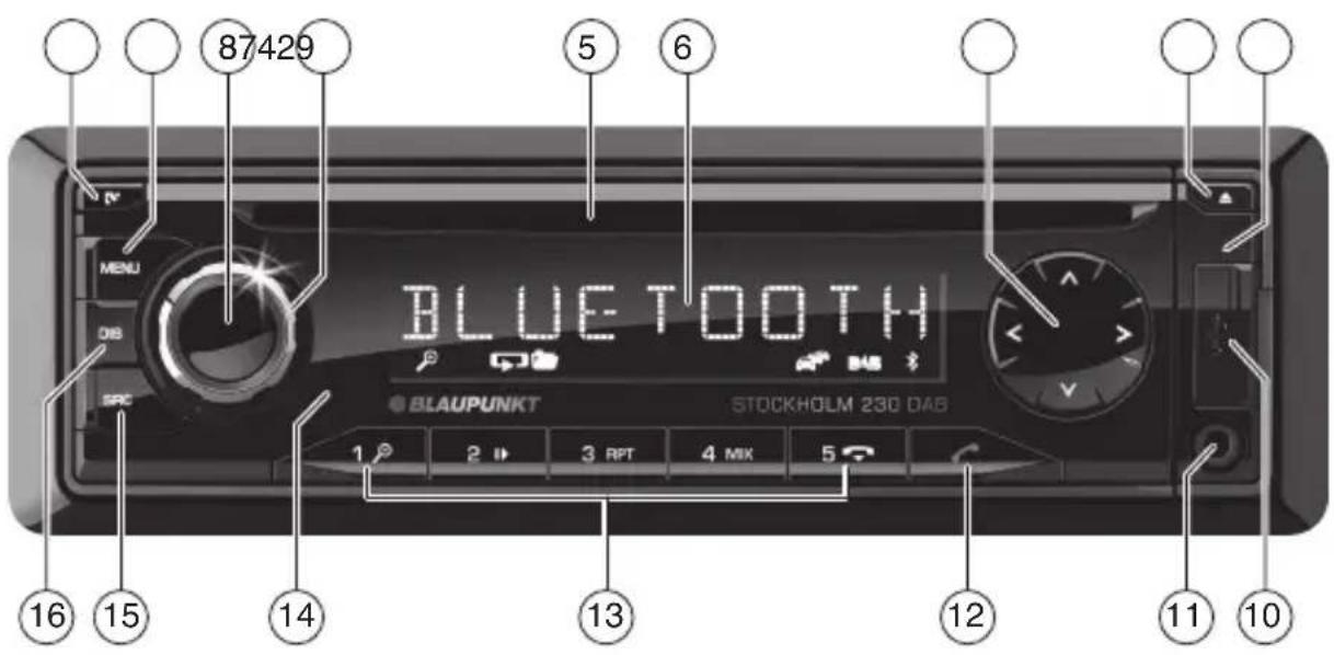 87429 5 6 BLUETOOTH BLAUPUNKT STOCKHOLM 230 DAB 1 2 3 RPT 4 MIX 5 16 15 14 13 12 11 10