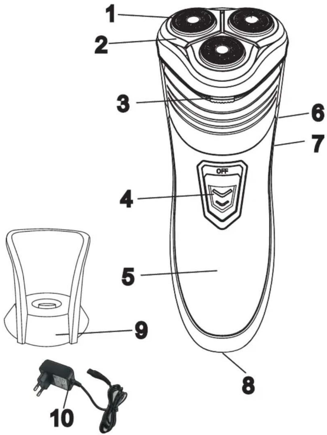 Labeled diagram of a hand-operated electric shaver with numbered parts and an electrical plug shown for scale.