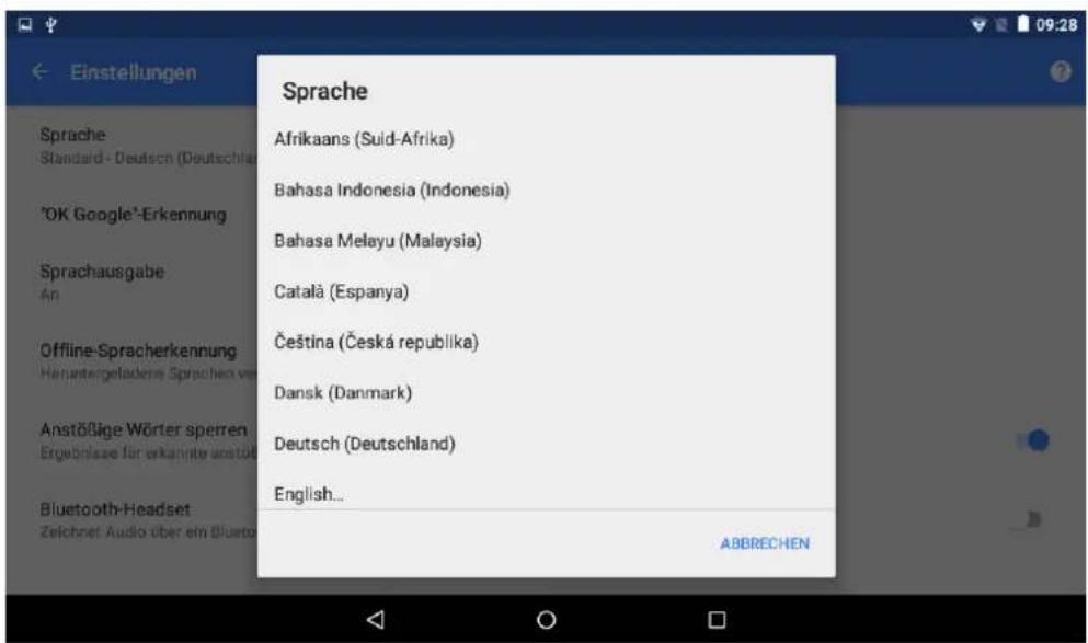 Einstellungen Sprache Standard - Deutsch (Deutschland) "OK Google"-Erkennung Sprachausgabe An Offline-Spracherkennung Heruntergeladene Sprachen verwalten Anstößige Wörter sperren Ergebnisse für erkannte anstößige Begriffe ausblenden Bluetooth-Headset Zeichnet Audio über ein Bluetooth-Headset auf, so…
