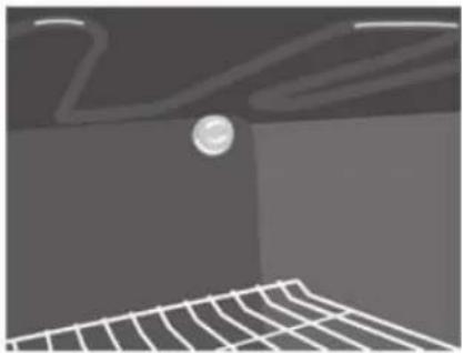Abstract grayscale illustration of a room with a ball and grid pattern (no text or symbols)