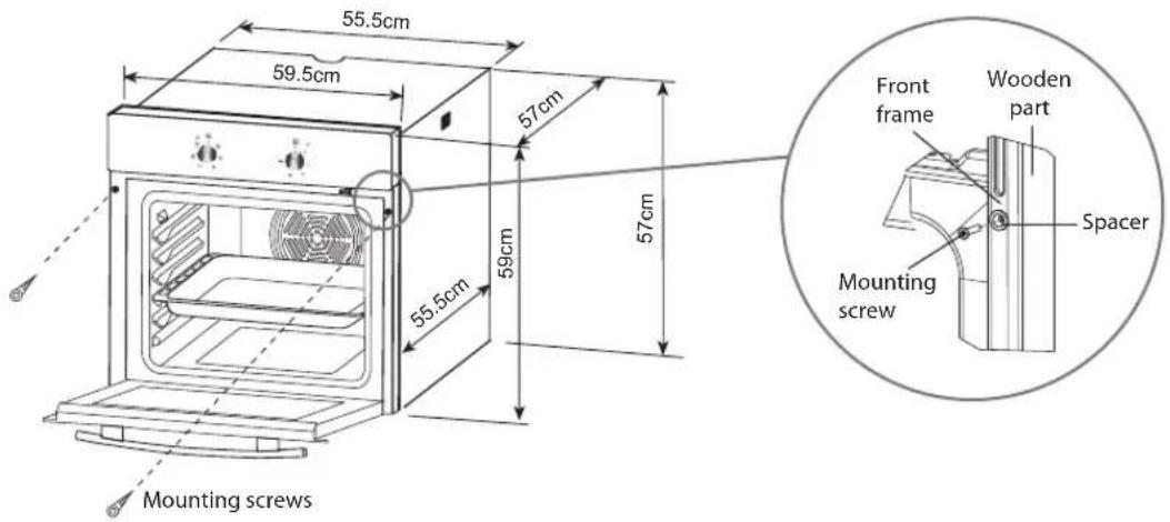 55.5cm 59.5cm 57cm 57cm 59cm 55.5cm Mounting screws Front frame Wooden part Spacer Mounting screw