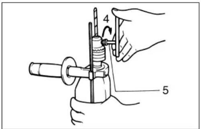 Technical diagram showing a hand operating a mechanical device with labeled parts 4 and 5