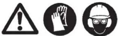 Three safety warning symbols: triangular warning triangle, hand gesture with index finger, and helmet with head covering gear (no text)