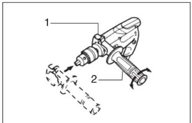 Technical diagram of a drill press with labeled parts 1 and 2, showing tool path and motion arrows.