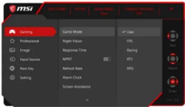 msi Gaming Professional Image Input Source New Key Setting Game Mode Night Vision Response Time MPRT Refresh Rate Alarm Clock Screen Assistance User FPS Racking RTS RPG Exit Move Enter JW 026