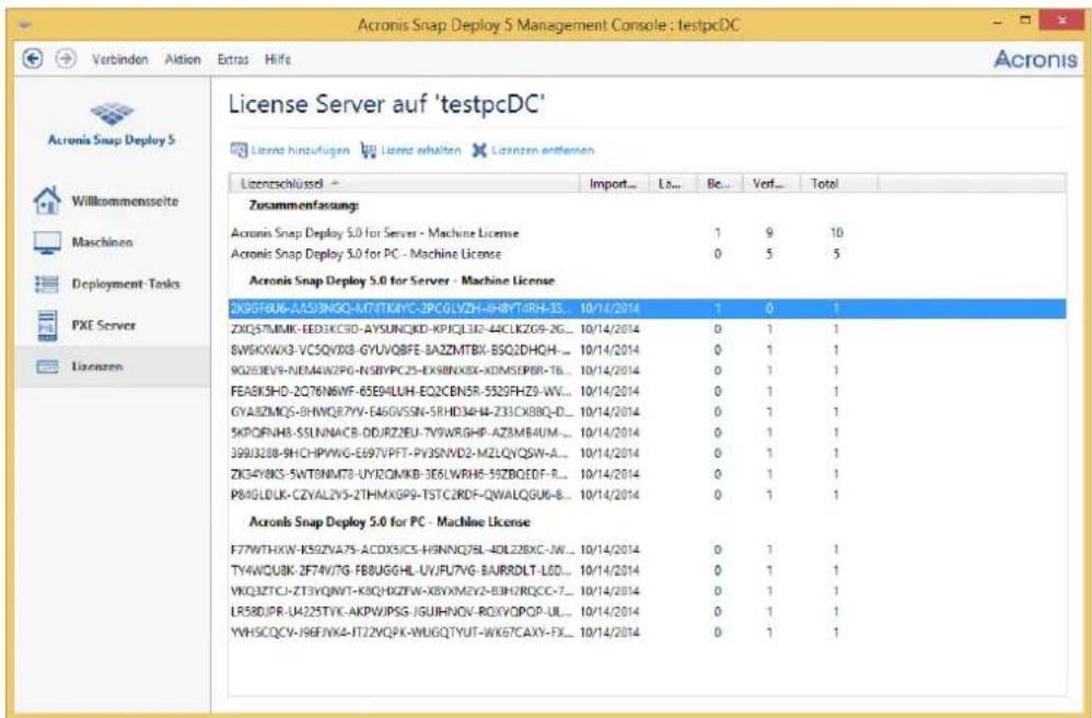 ACRONIS Snap Deploy 5 Update 2 - So werden Ihnen Informaonen über Lizenzen angezeigt - 1