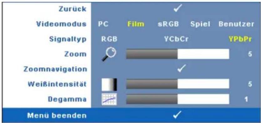 Zurück Videomodus Signaltyp PC RGB Film sRGB YCbCr Spiel Benutzer YPbPr Zoom Zoomnavigation WeiBintensität Degamma Menü beenden