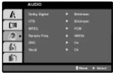 AUDIO Audio Digital OTS MPBG Sample Ping DRC Vocal ▶ Screen ▶ Screen ▶ PCM ▶ Audio ▶ On ▶ On ▶ Noise ▶ Select