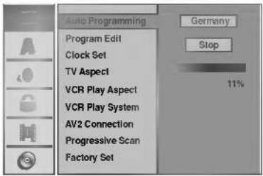 Auto Programming Program Edit Clock Set TV Aspect VCR Play Aspect VCR Play System AV2 Connection Progressive Scan Factory Set Germany Stop 11%