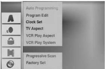 Auto Programming Program Edit Clock Set TV Aspect VCR Play Aspect VCR Play System Progressive Scan Factory Set