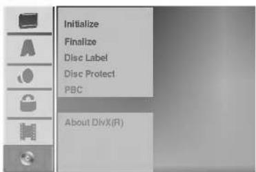 Initialize Finalize Disc Label Disc Protect PBC About DivX(R)