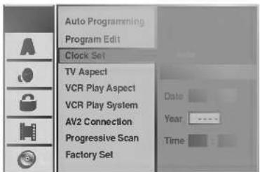 Auto Programming Program Edit Clock Set TV Aspect VCR Play Aspect VCR Play System AV2 Connection Progressive Scan Factory Set Date Year Time