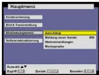 Hauptmenü Kindersicherung Bild & Toneinstellung Abszimmungsmenü Softwareaktualisierung Auto-Setup Meldung neuer Sender EN Werkseinstellungen Mensprache Auswahl: ▲▼ Zugriff: OK Zurück: GETT Beenden: 371