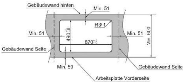 Gebäudewand hinten Min. 51 R3±1 Min. 51 490±8 870±3 Min. 59 Gebäudewand Seite Arbeitsplatte Vorderseite Min. 600
