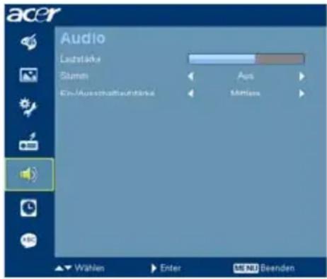 acer Audio Lazatärke Sturm Aus Ein-/Ausschaffsaunstärke Mittler Wählen Enter MENU Beenden