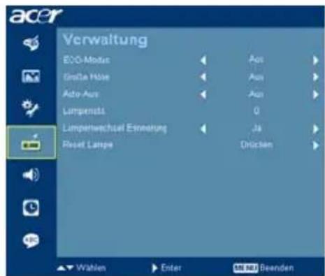 acer Verwaltung ECO-Mode Große Höhe Auto-Aus Limpenutz Limpenwechsel Einwaltung Reset Lampes Aus Aus Aus 0 Ja Drücken Wahlen Enter MENI Beenden
